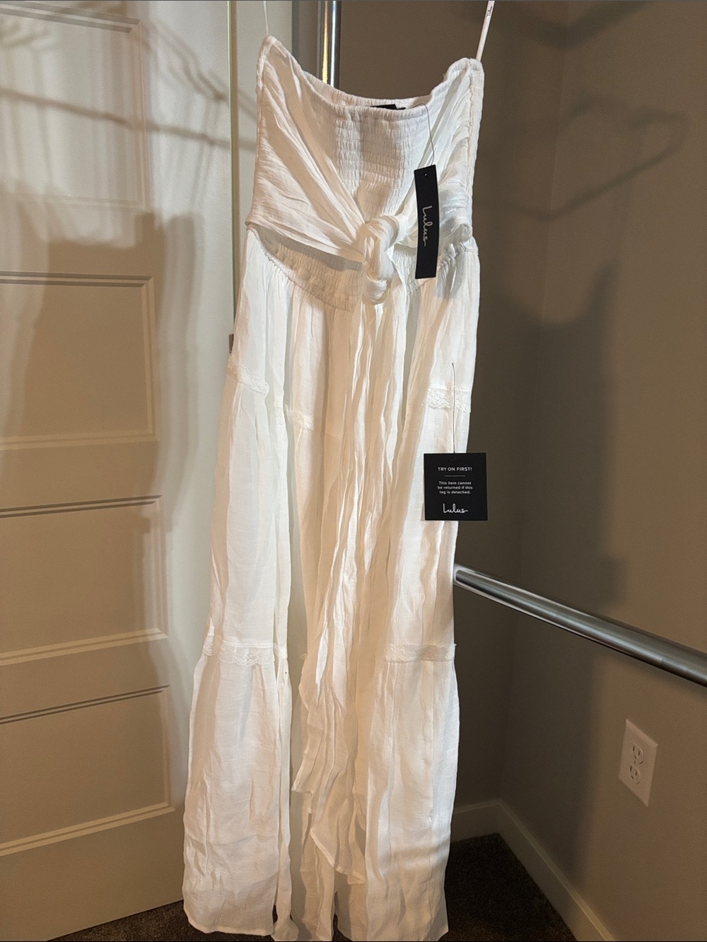 Lulu's White Strapless Smocked Tie-Front cotton dress